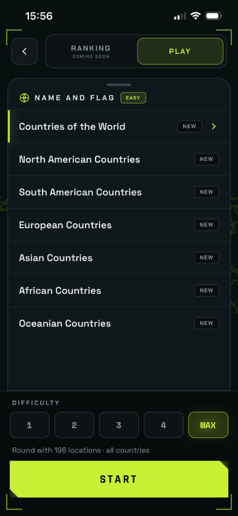 Mode and continent selection in MapFindr
